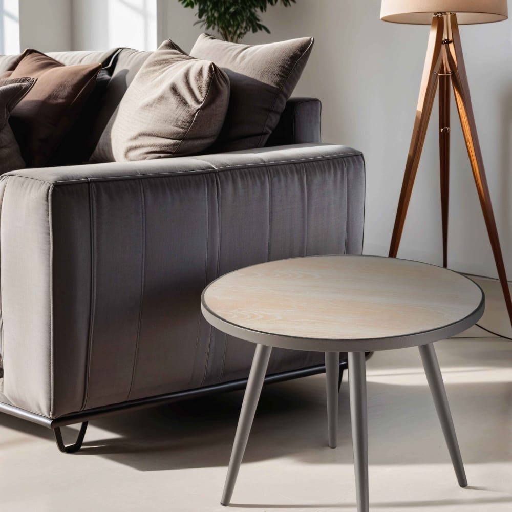 Table basse ronde avec plateau imitation bois