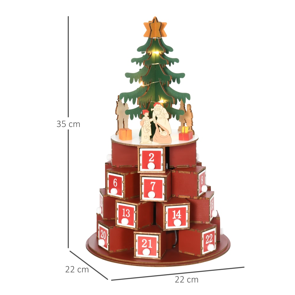 Calendario avvento in legno a cono con motivi a tema e luci led -