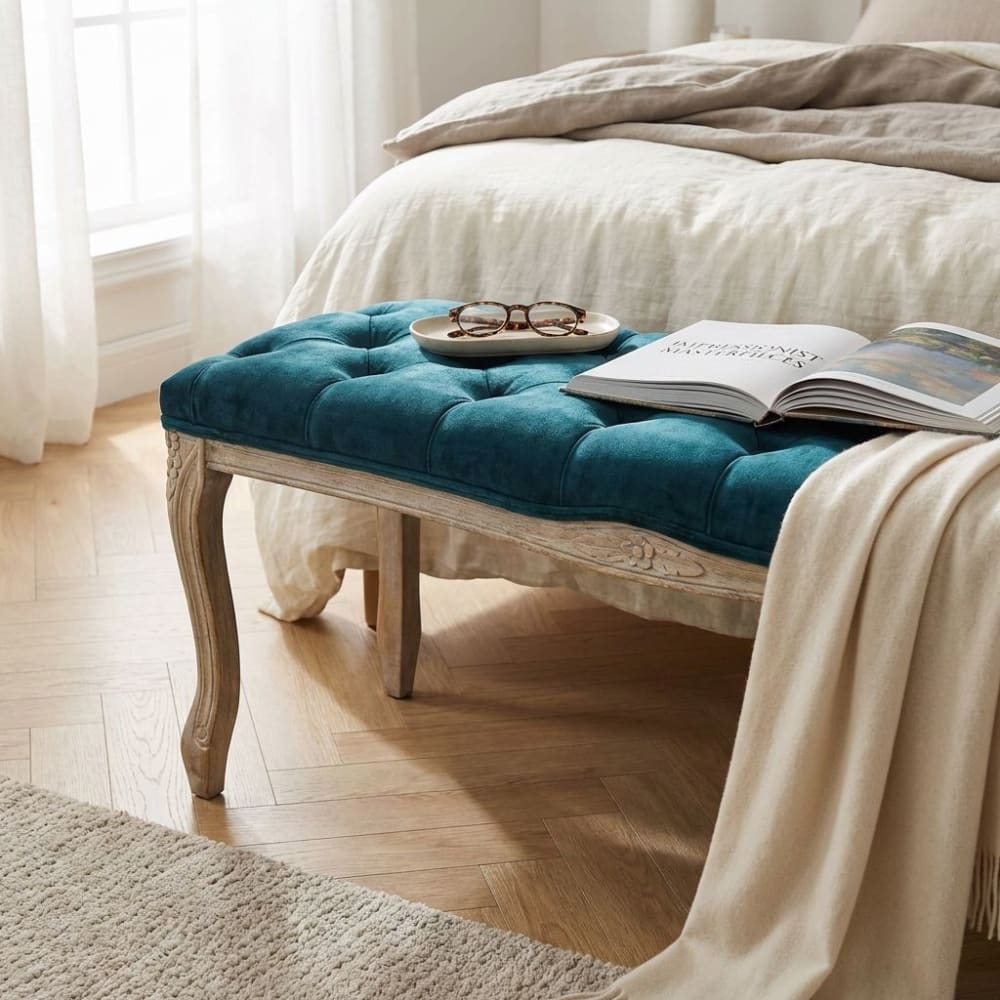 Panca in legno/velluto blu 110x36x47 - Milani Home