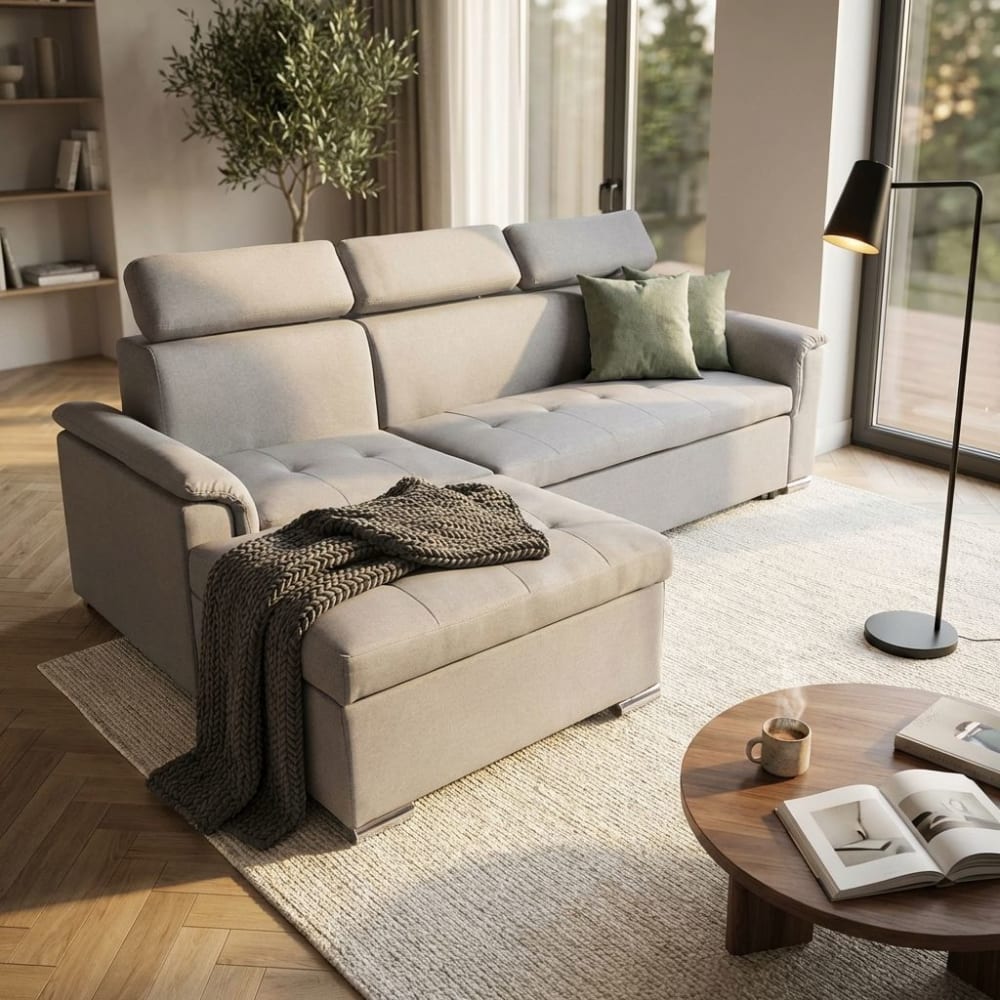 Divano letto con penisola in tessuto grigio chiaro 234x148x84 -