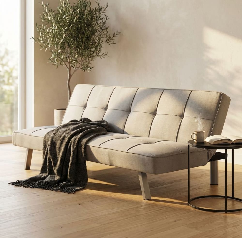 Divano letto trapuntato in tessuto grigio chiaro 178x81x71 -