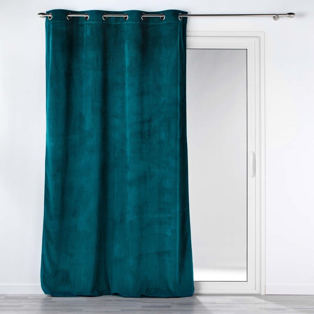 Rideau à œillets casual sauge velours côtelé uni bleu pétrole 140x260 - Maisons du Monde