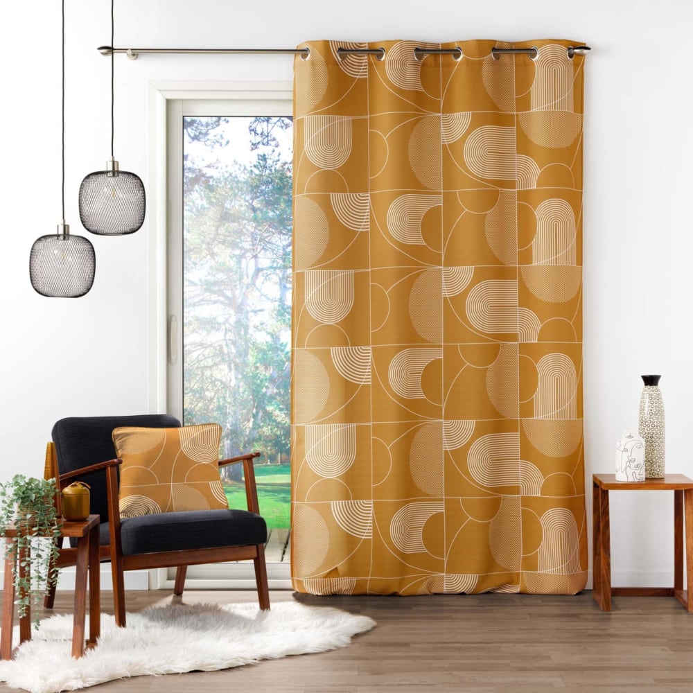 Home Maison Rideau tamisant esprit graphique polyester marron brun 140x260 cm style contemporain - Pes - Polyester