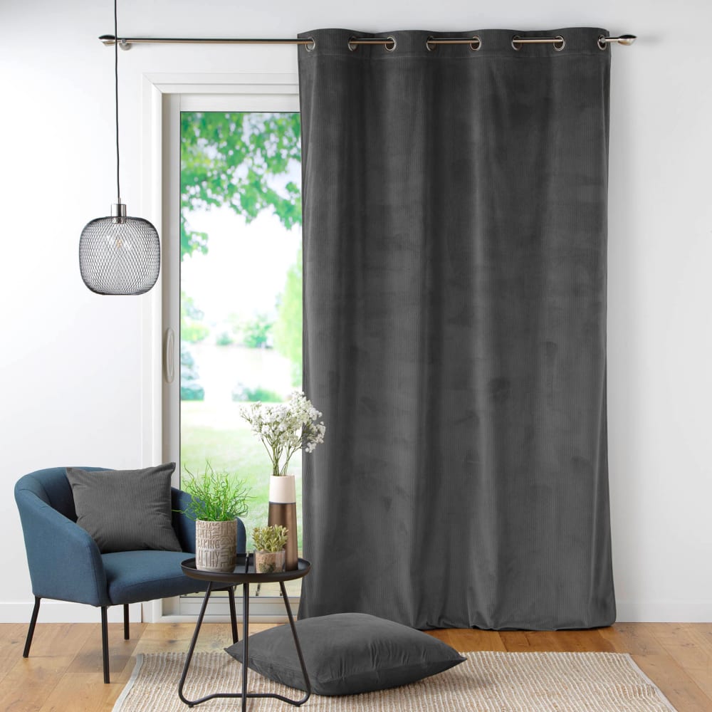 Rideau à œillets casual sauge velours côtelé uni gris anthracite