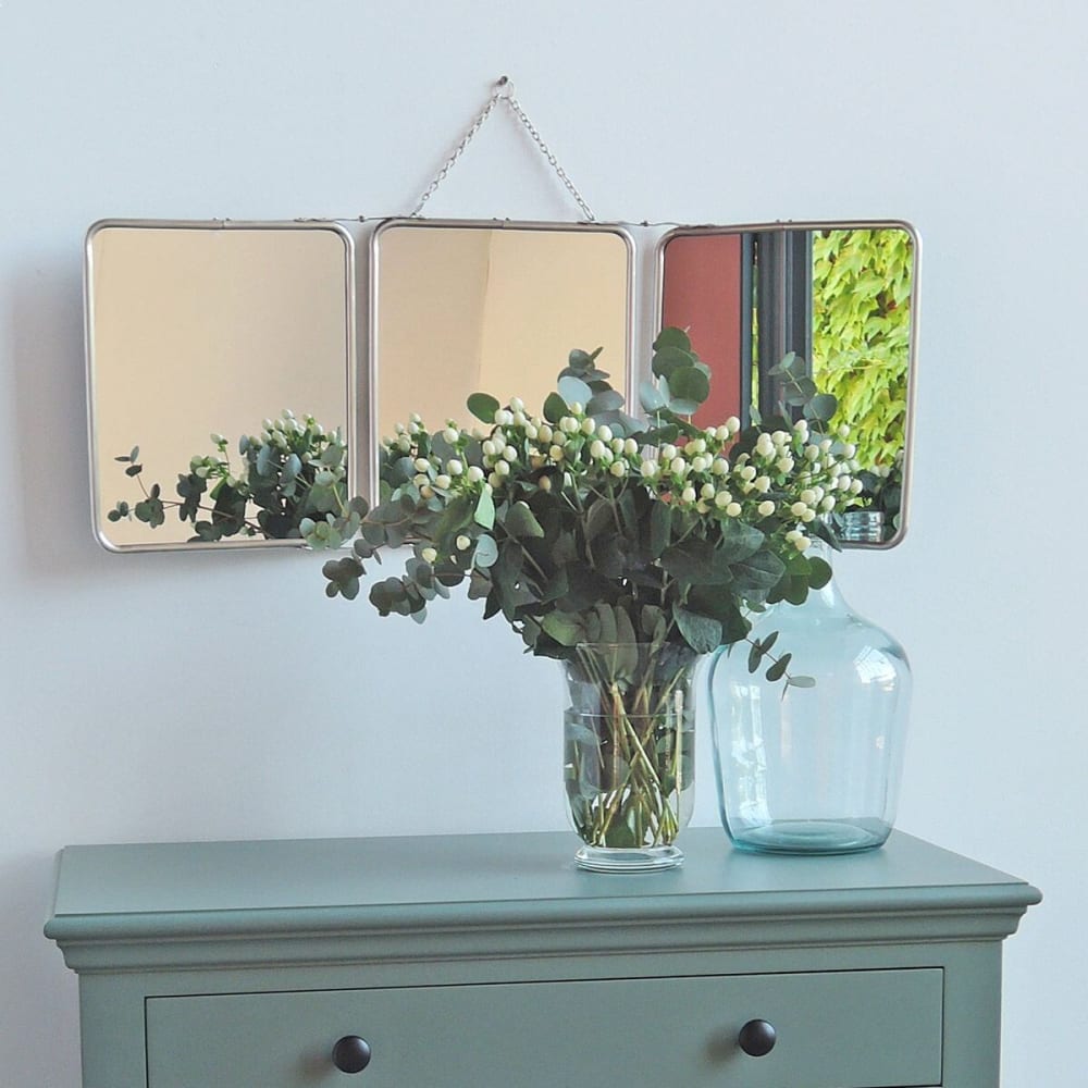 Miroir de barbier 3 faces laiton argenté avec chaîne