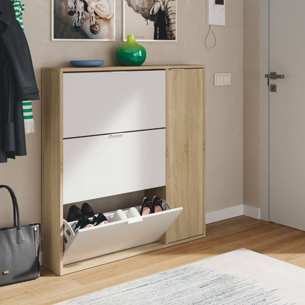 Meuble à chaussures effet bois beige, blanc 106x22h115 cm - Maisons du Monde