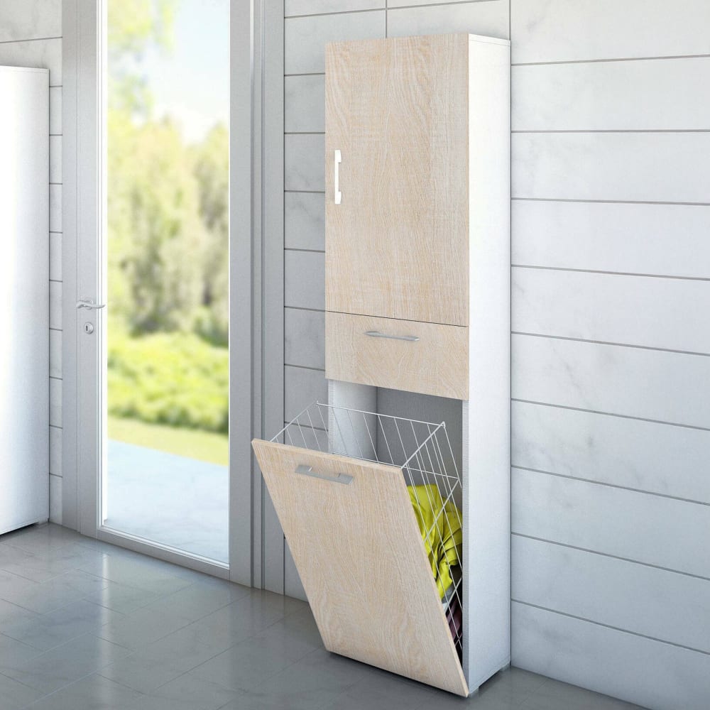 Armoire polyvalente à 2 portes effet bois beige, blanc 197x32 cm - Maisons du Monde