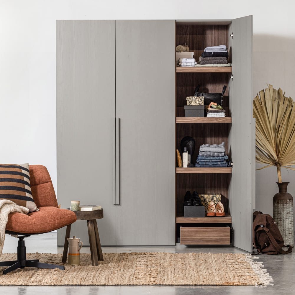 Kleiderschrank mit 3 Türen aus Walnuss-Dekor, Grau - Maisons Du