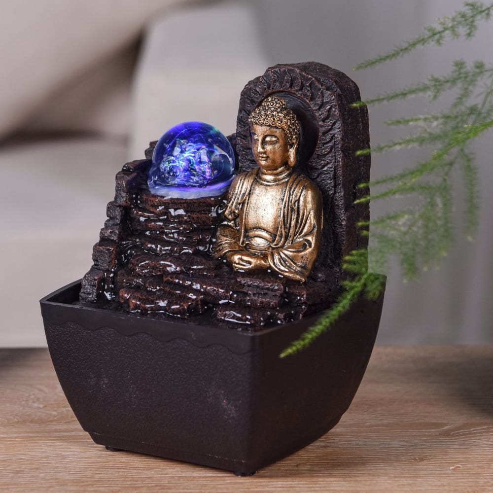 Pequeña fuente buda hinayana en resina marrón y dorada 18cm