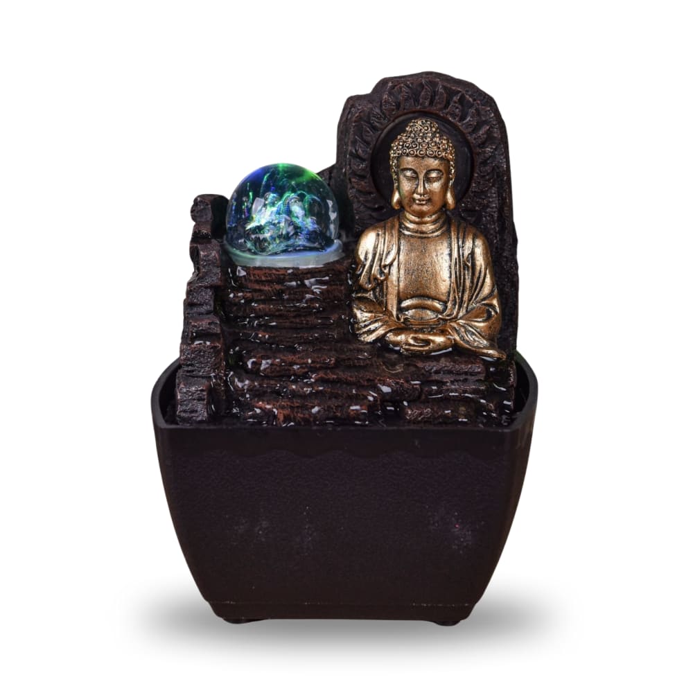 Petite fontaine bouddha Himalaya en résine marron et doré H18cm