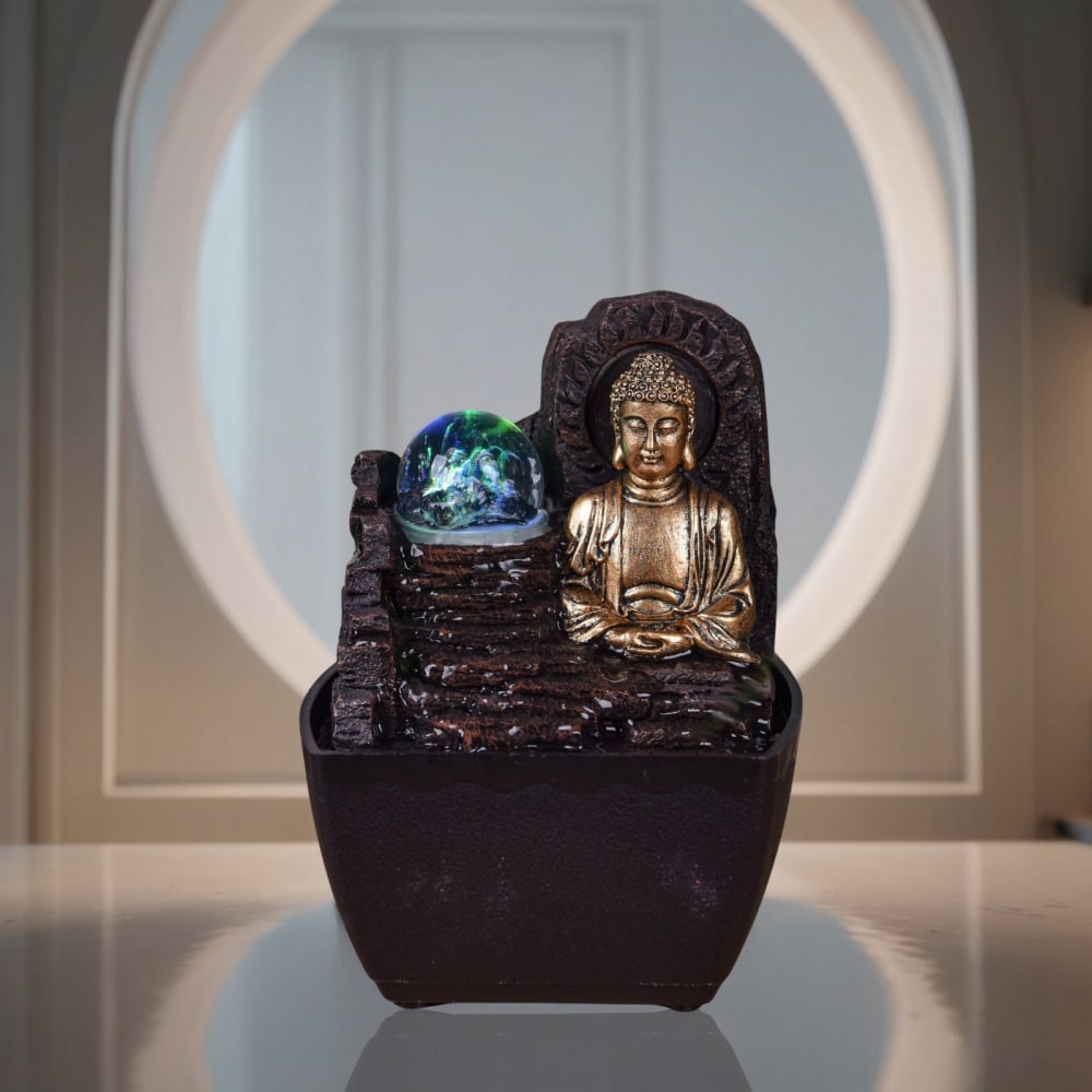 Petite fontaine bouddha Himalaya en résine marron et doré H18cm — vue 3