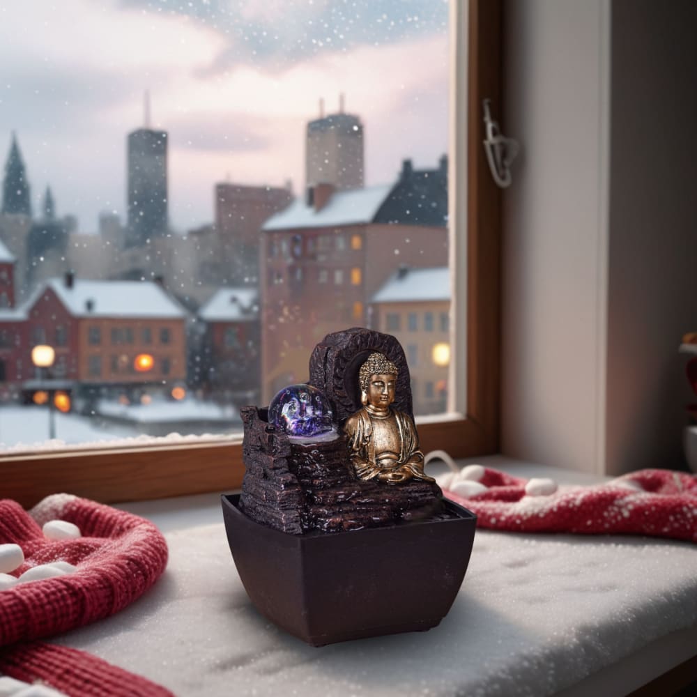 Petite fontaine bouddha Himalaya en résine marron et doré H18cm — vue 4