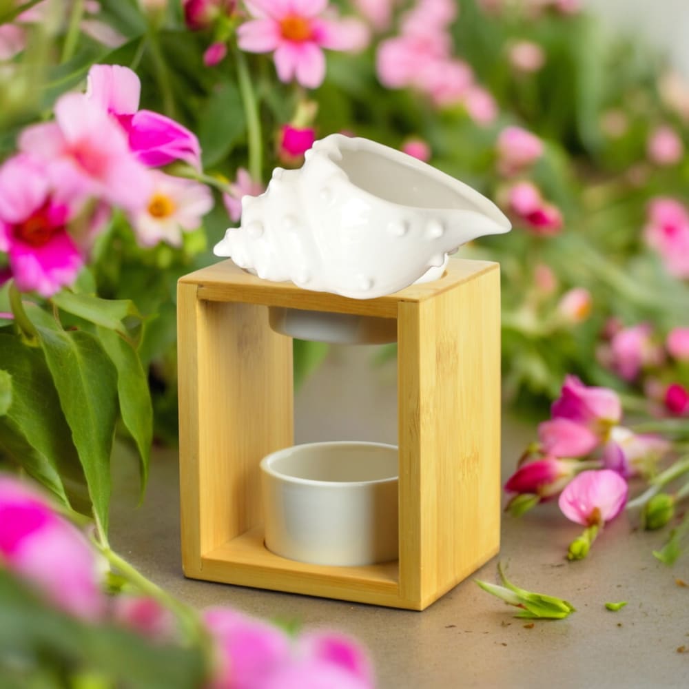 Bruciatore di profumo in ceramica e bambù bianco Serie Naturéa -