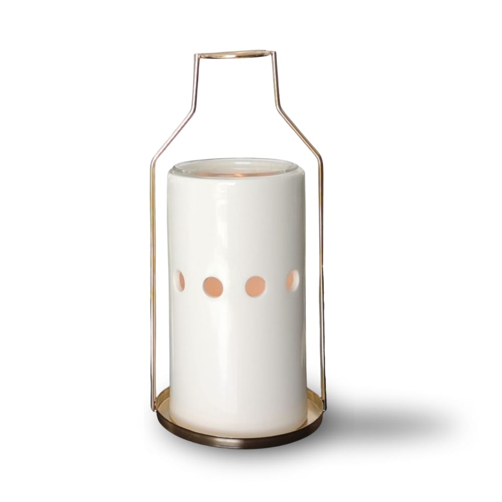 Brûleur de senteurs en métal Vase doré et céramique blanc - H 18,5 cm