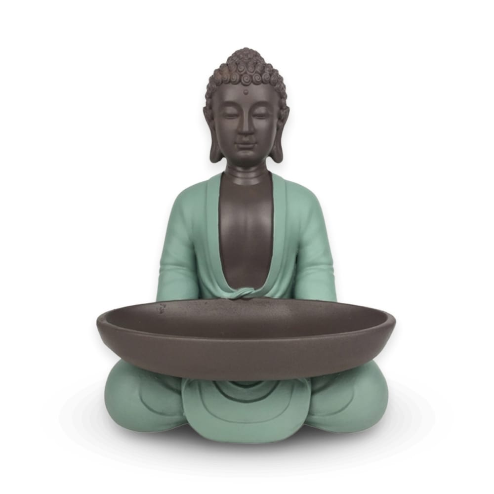 Statue déco Bodhi avec Plat vide poche en résine vert et marron - H18