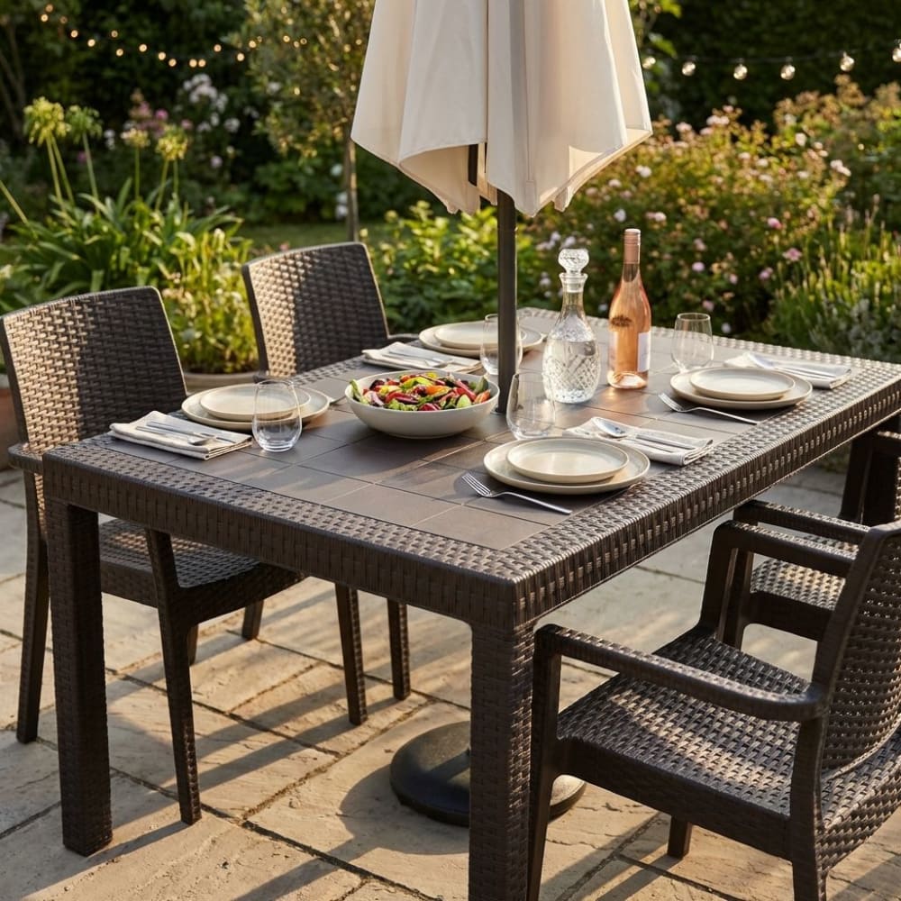 Tavolo da giardino rettangolare fisso in wicker marrone 150x90x74