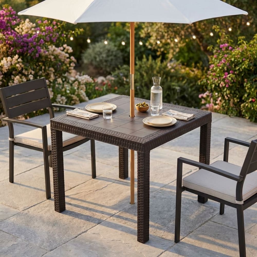 Tavolo da giardino quadrato fisso in wicker marrone 80x80x74 -