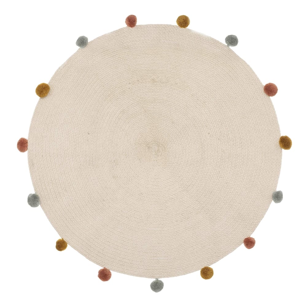 Tapis rond en coton et pompons naturel 90 cm