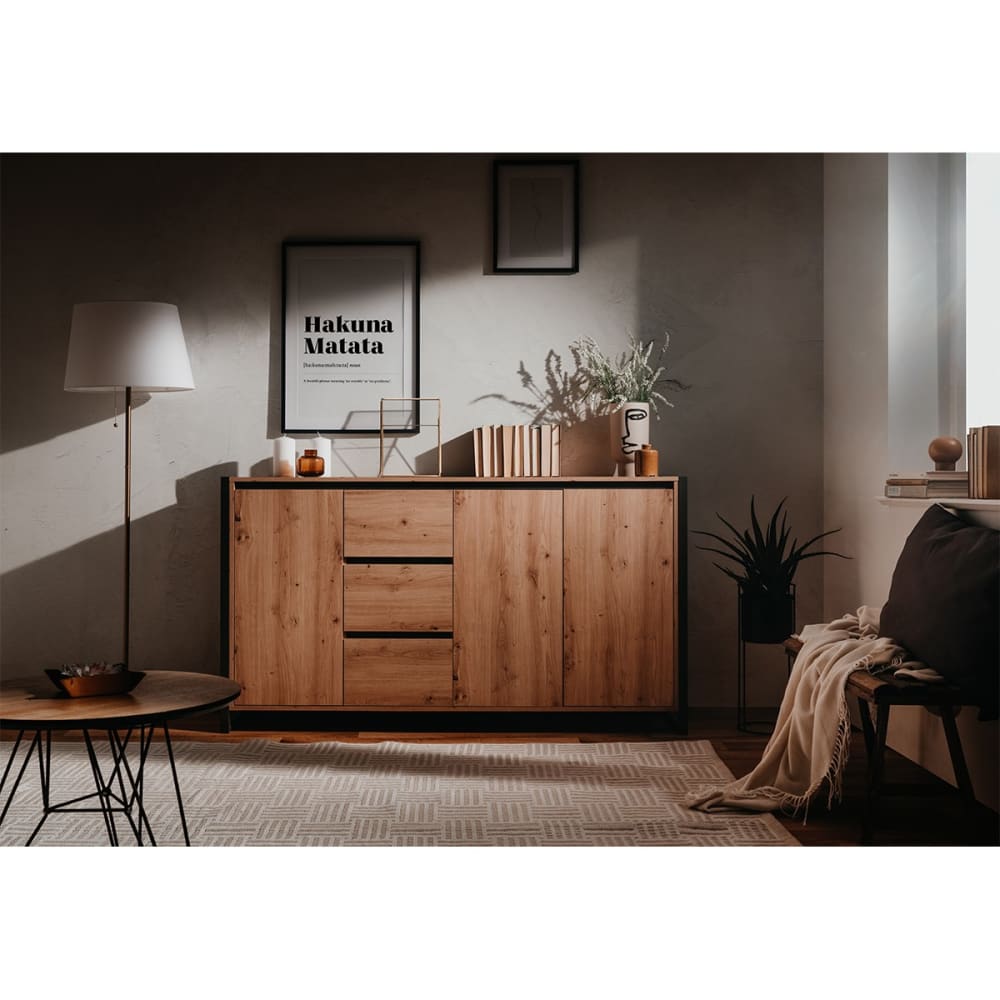 Buffet Bas 3 portes 3 tiroirs L160 cm - Décor Bois Clair
