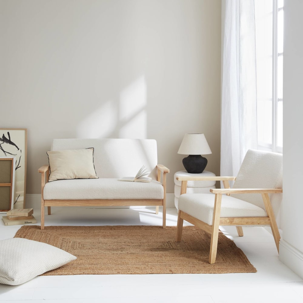 Banquette et fauteuil scandinave bois et tissu bouclette