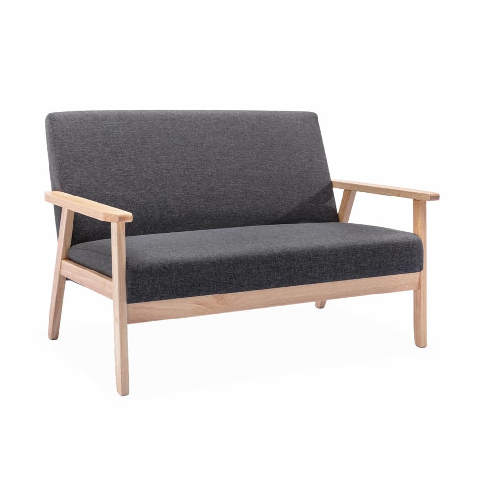 Sofá o banco con tela y patas de madera, 2 plazas, gris oscuro