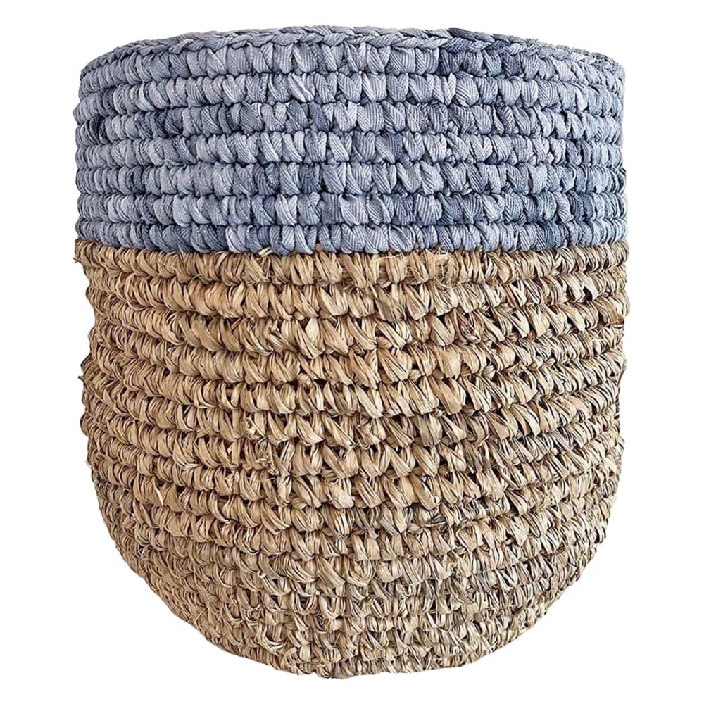 Panier de rangement en raphia beige et bleu d.35 cm