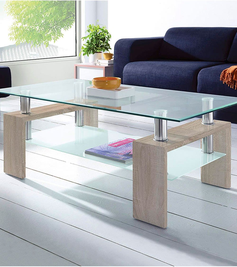 Mesa de centro de cristal con revistero y patas color roble - Maisons du Monde