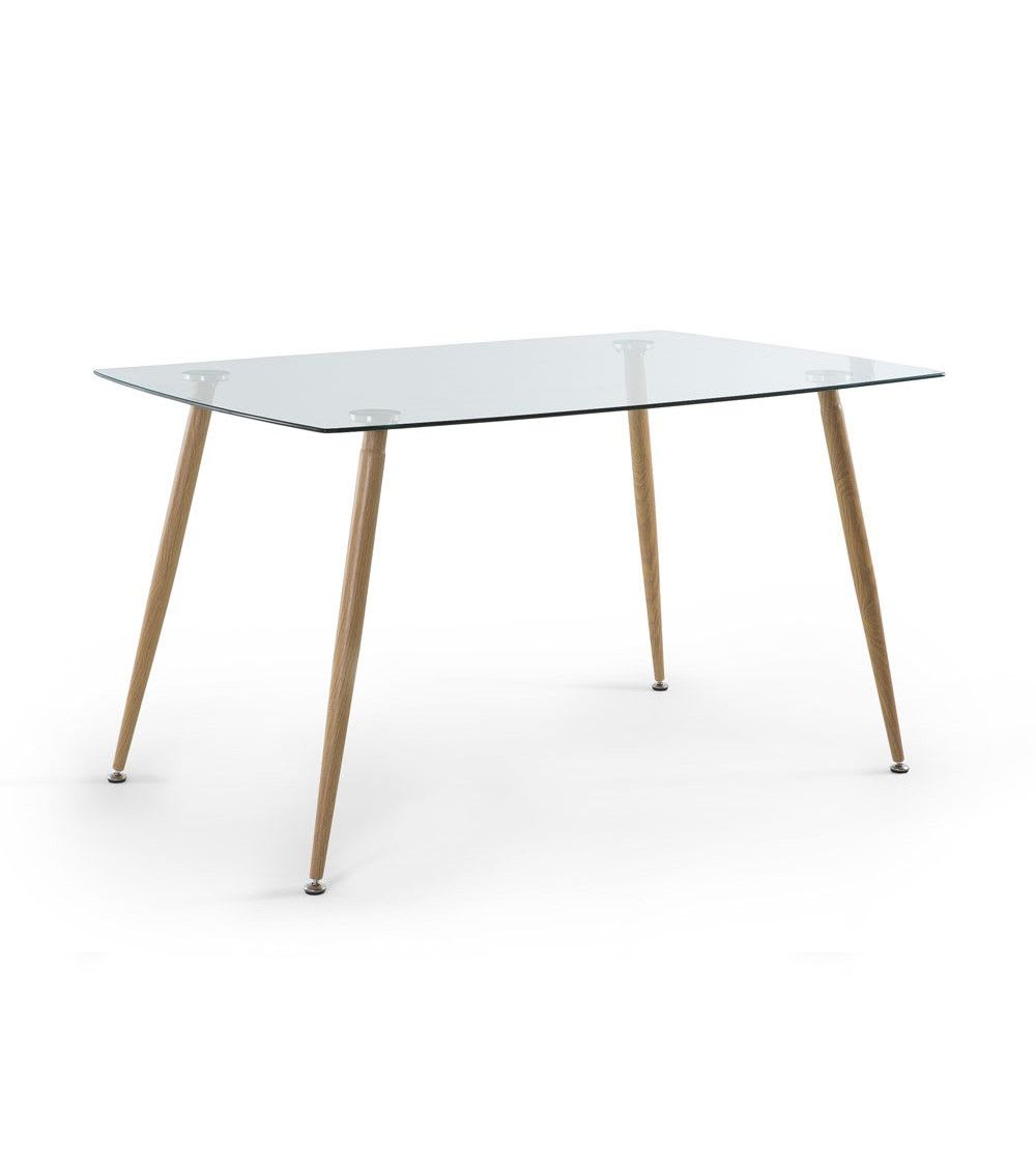 Mesa comedor cristal 120x80 cm patas metal roble
