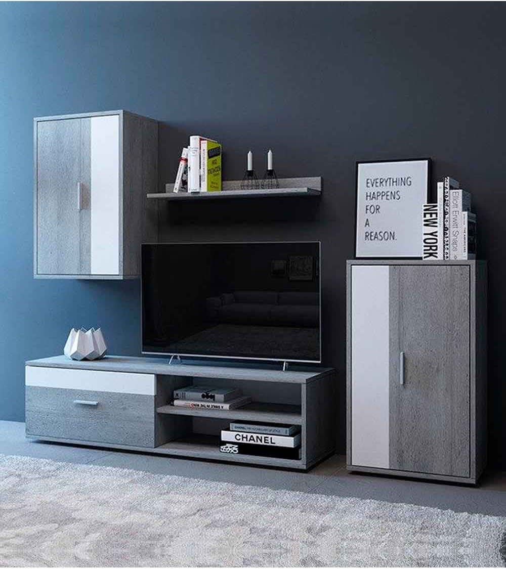 Mueble salón completo 4 módulos en color gris y blanco - Maisons du Monde