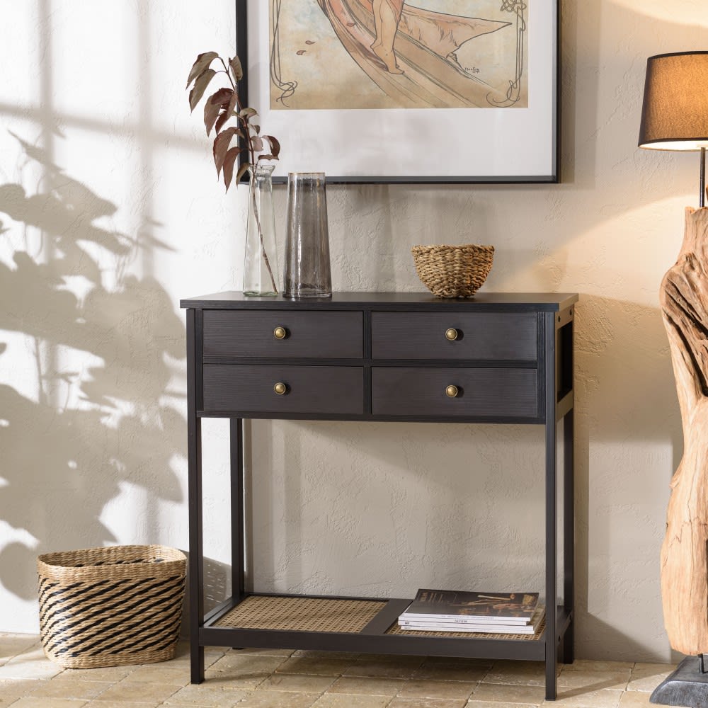 Console noire 4 tiroirs 1 étagère effet cannage