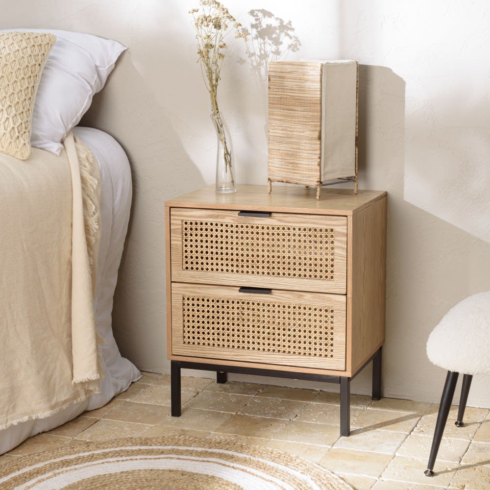 Mesa de noche 2 cajones de ratán con patas de metal negro - Maisons du Monde