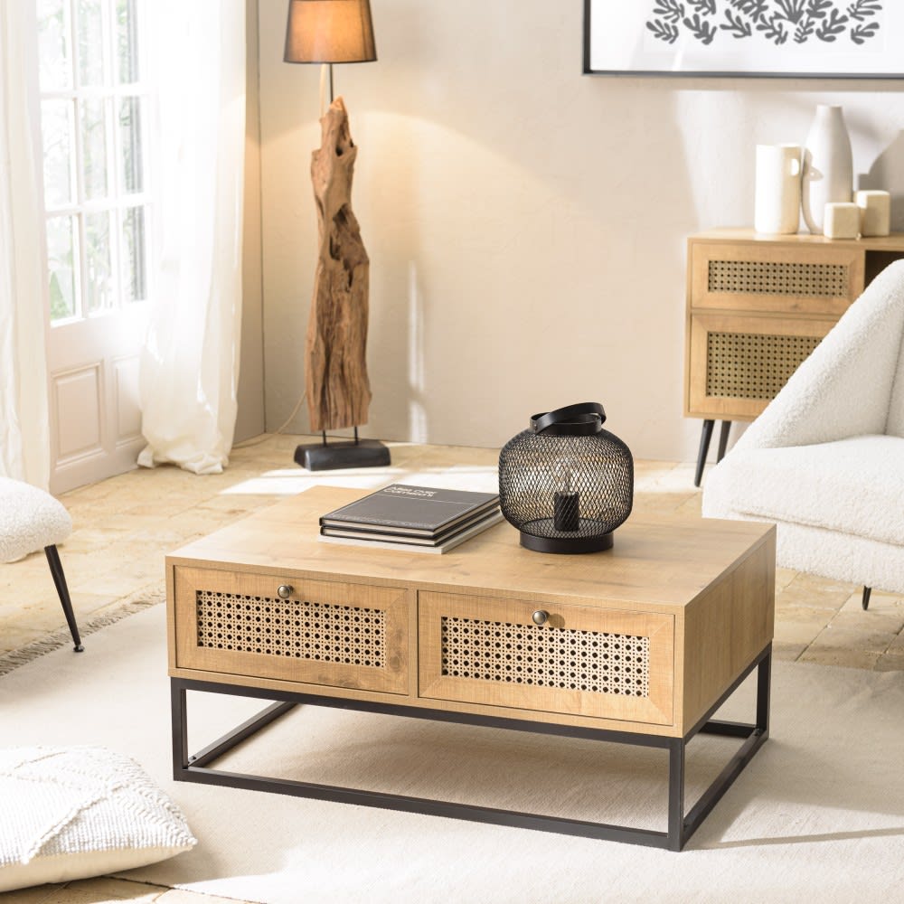 Couchtisch mit 4 Schubladen, Rohrgeflecht und Metallbeinen -