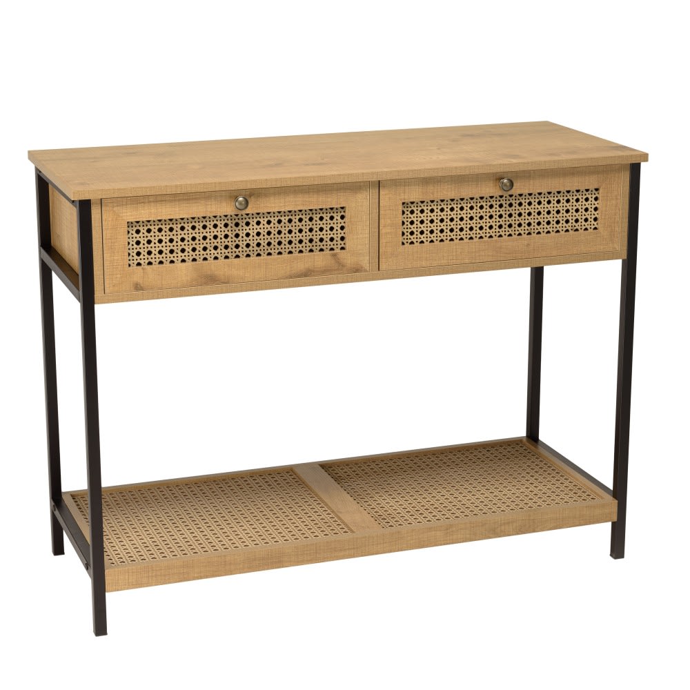 Console marron 2 tiroirs 1 étagère cannage effet pieds métal noir