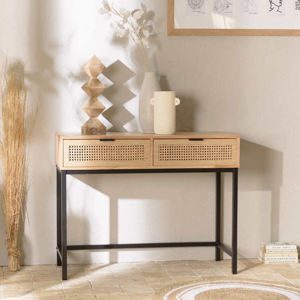 Consola de 2 cajones de ratán y patas de metal negro - Maisons du Monde