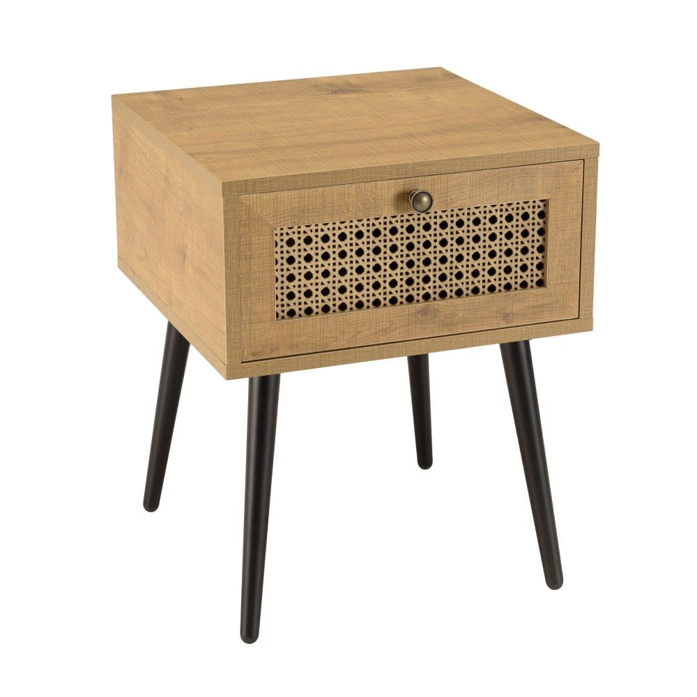 Chevet marron 1 tiroir effet cannage pieds métal noir