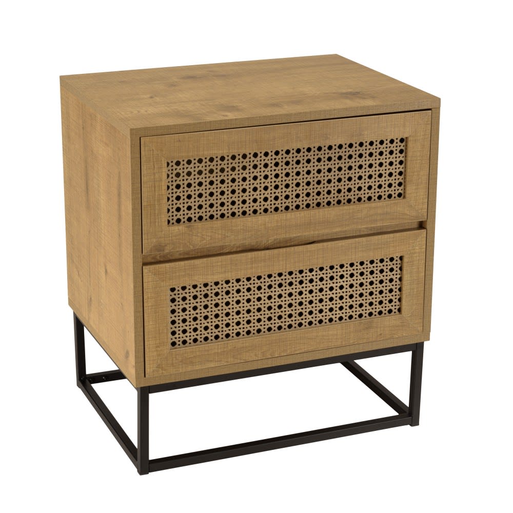 MACABANE Nachttisch mit 2 Schubladen in Rohrgeflechtoptik mit Metallfüßen style classic chic Braun Spanplatte