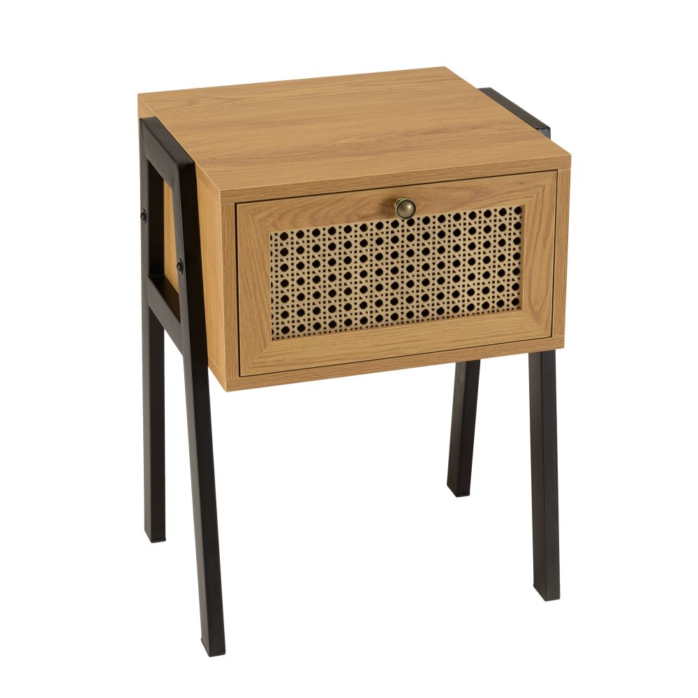 Mesa de noche marrón con 1 cajón efecto rejilla y patas de metal negro