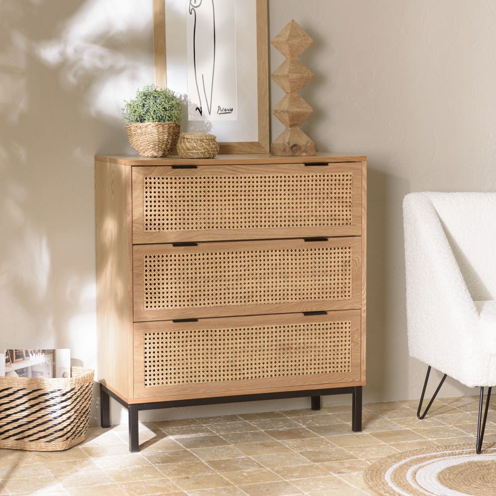 Buffet 3 tiroirs cannage naturel pieds métal noir - Maisons du Monde