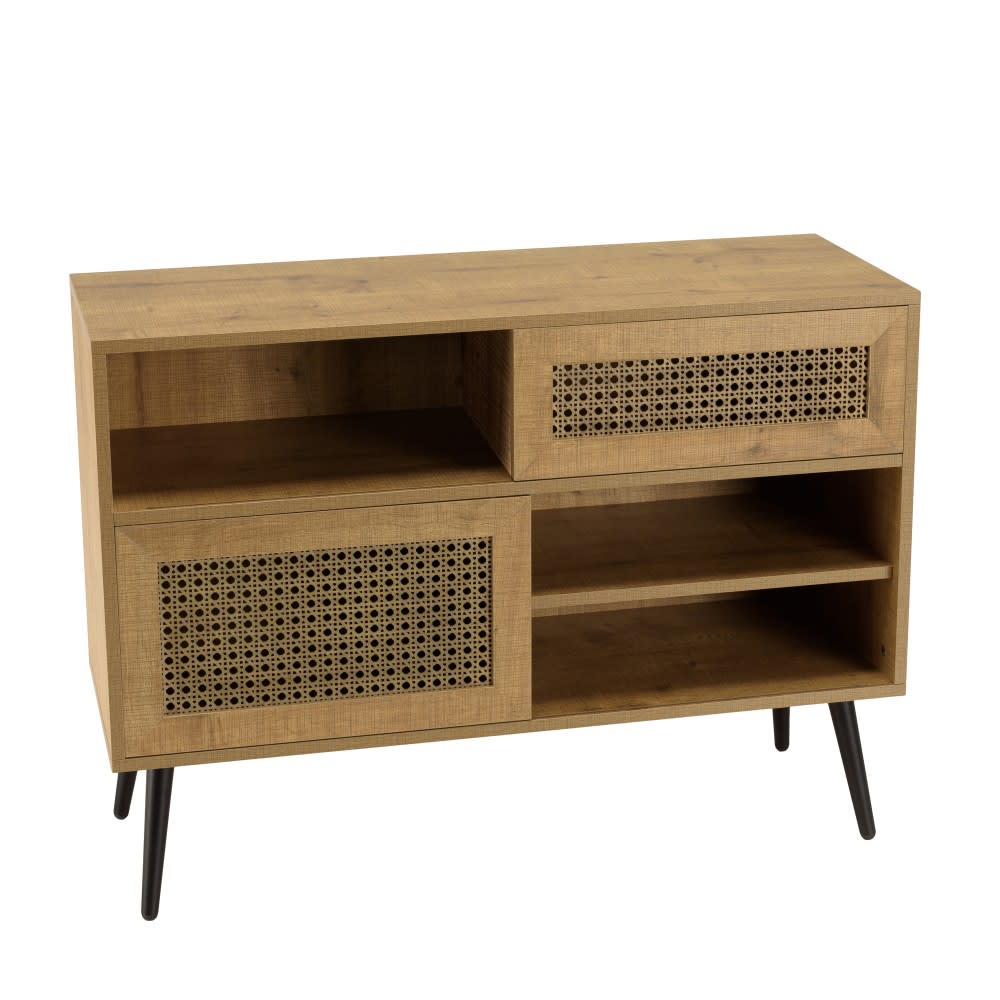 MACABANE Lowboard mit 3 Fächern, 2 Türen in Cannage-Optik, Metallfüße schwarz style classic chic Braun Spanplatte