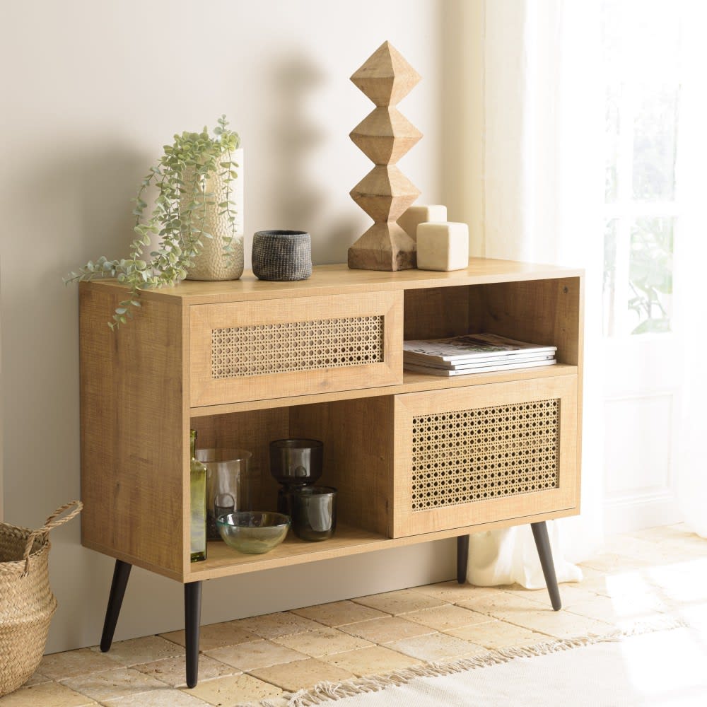 Buffet bas marron 3 niches 2 portes effet cannage pieds métal noir
