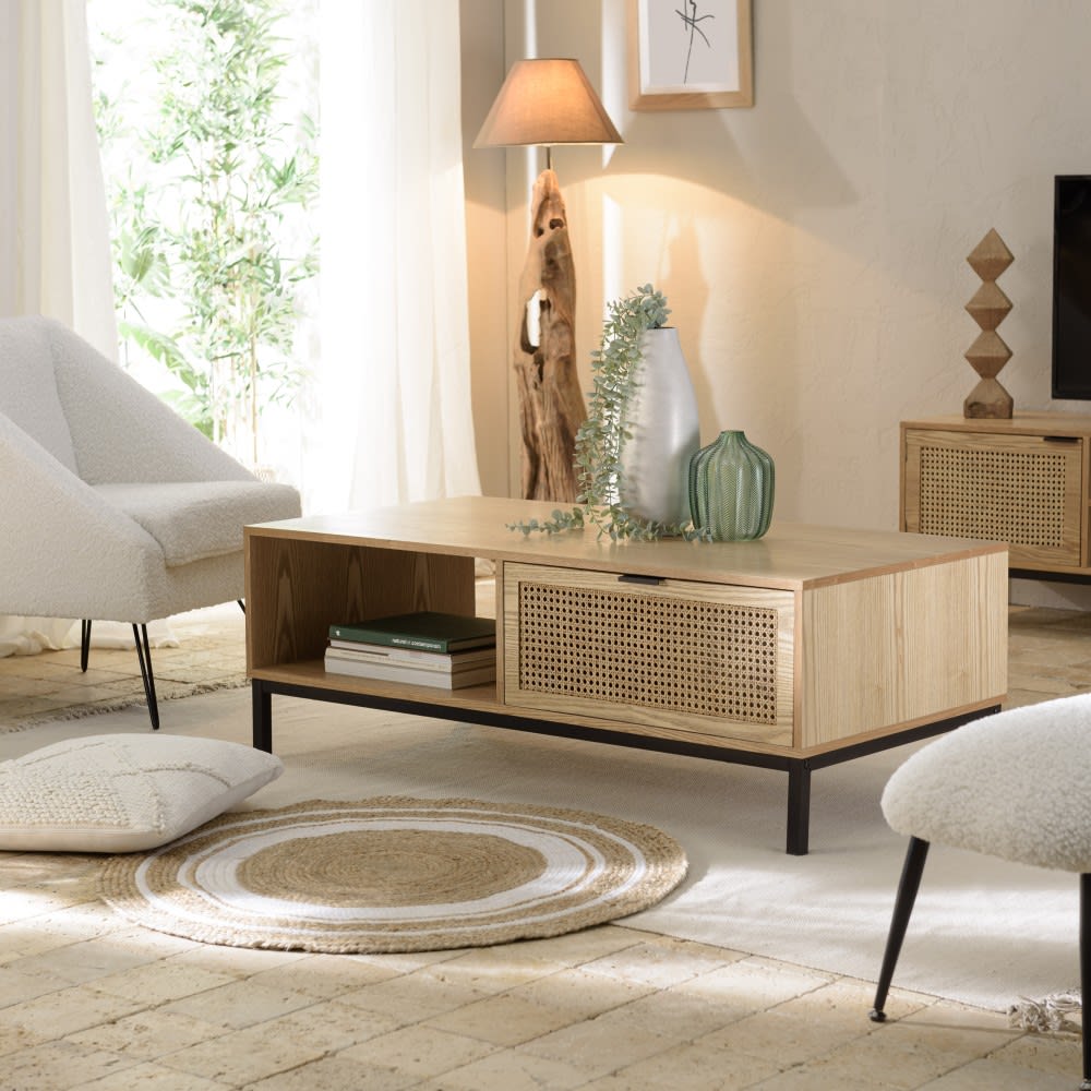 Table basse 1 niche 2 tiroirs cannage naturel pieds métal noir