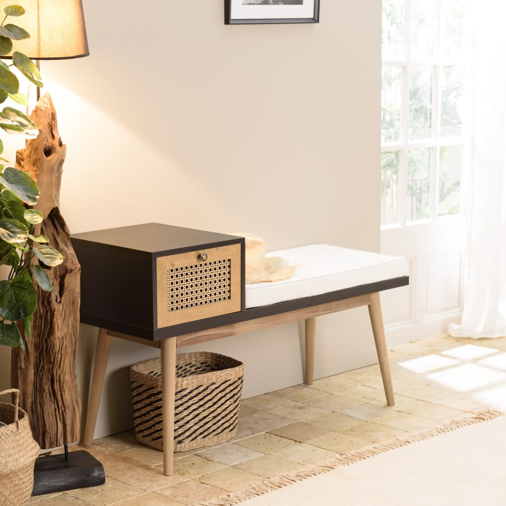 Banc marron assise noire 1 tiroir effet cannage