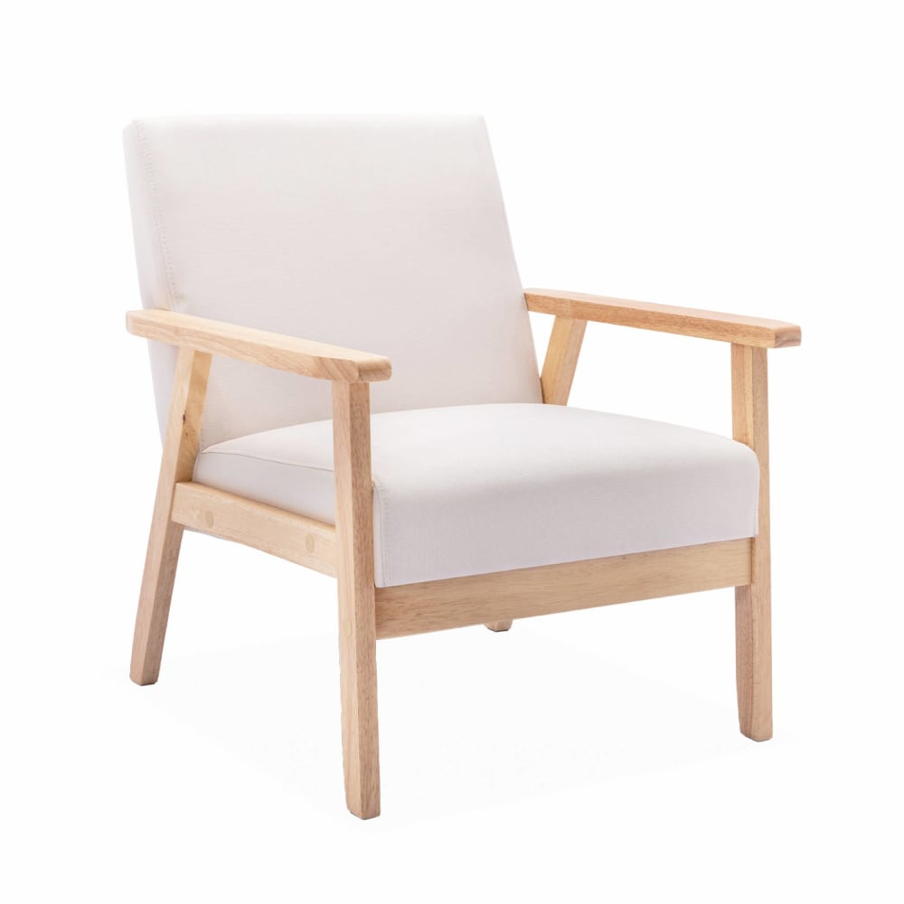 Fauteuil scandinave bois et tissu crème