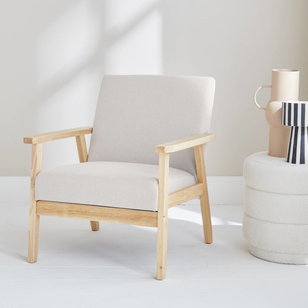 Fauteuil scandinave bois et tissu crème