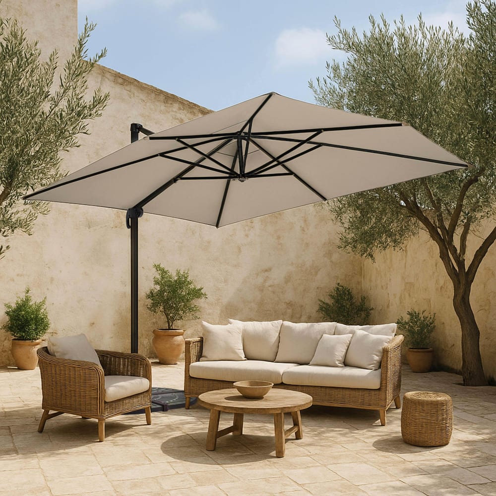 Parasol Déporté 3x4m blanc Inclinable Rotatif + 4 Dalles Lestées