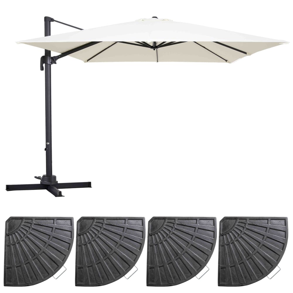 Parasol déporté inclinable et rotatif 3x3m  et 4 dalles lestées blanc
