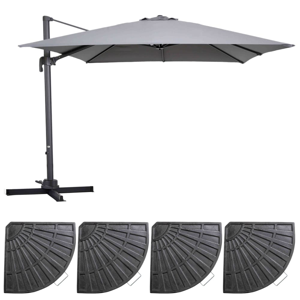 Parasol déporté inclinable et rotatif  3x3m  et 4 dalles lestées gris