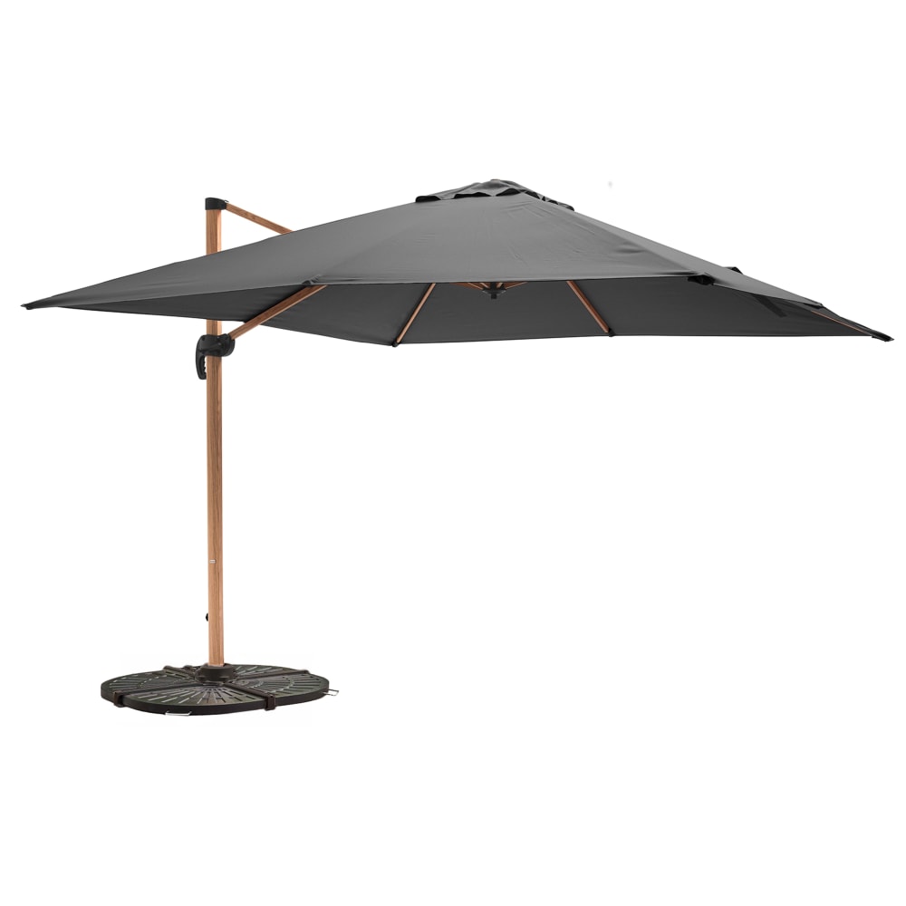 Parasol déporté 3x3m et 4 dalles lestées effet bois gris
