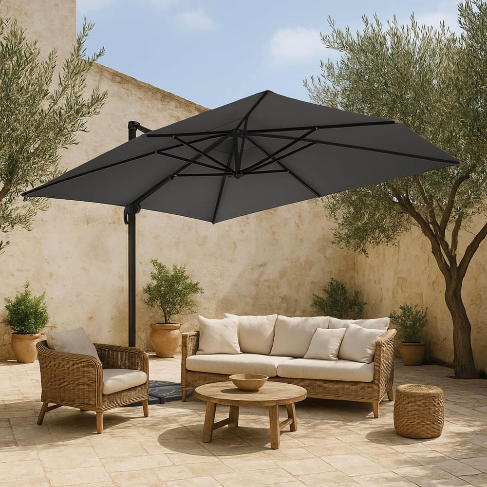 Parasol déporté 4x3 m 360° inclinable + 4 dalles à lester gris