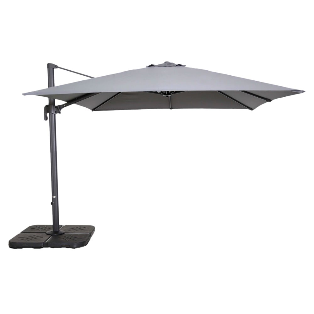 Parasol déporté inclinable 360° 3x3m et 4 dalles à remplir alu gris